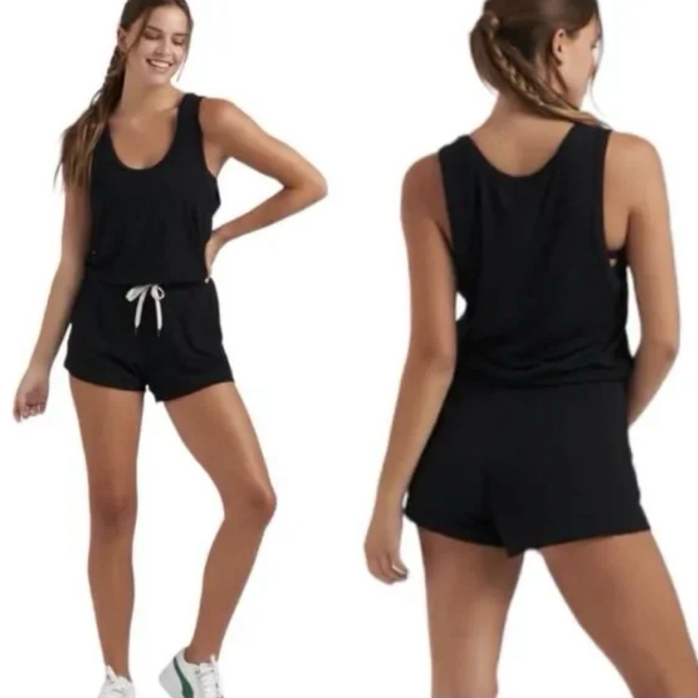 VUORI Black Ribbed Tank Shorts Romper Drawstring Playsuit with Pockets
